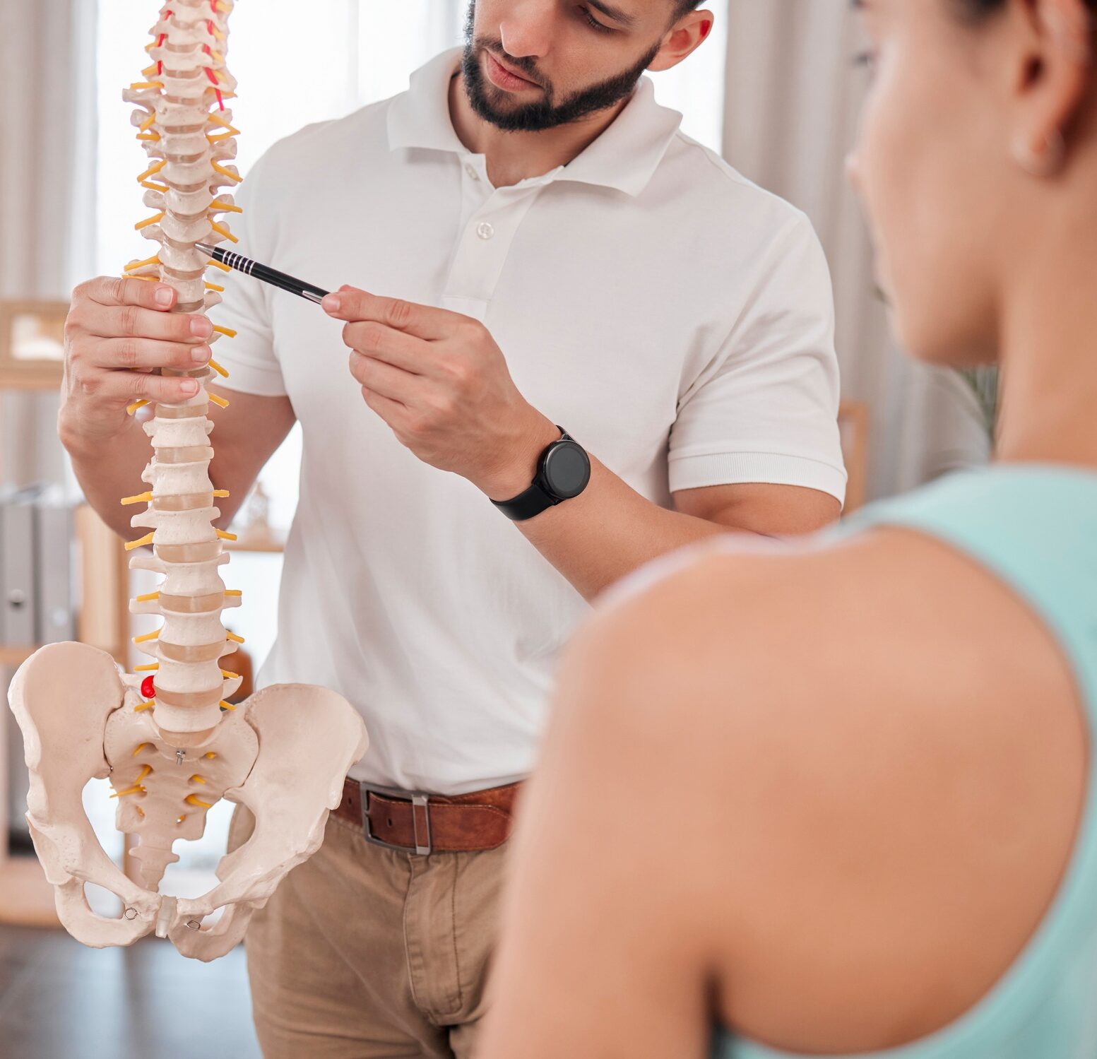 Chiropractor, spine and anatomy with a medical skeleton for advice and diagnosis of injury during p